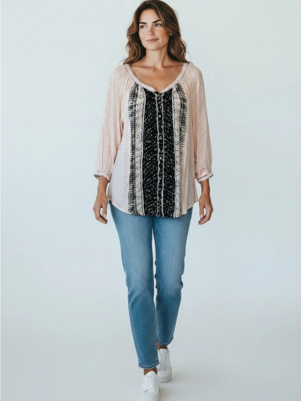 Free People Blush Pink Mixed-Print Peasant Top with Black Center
